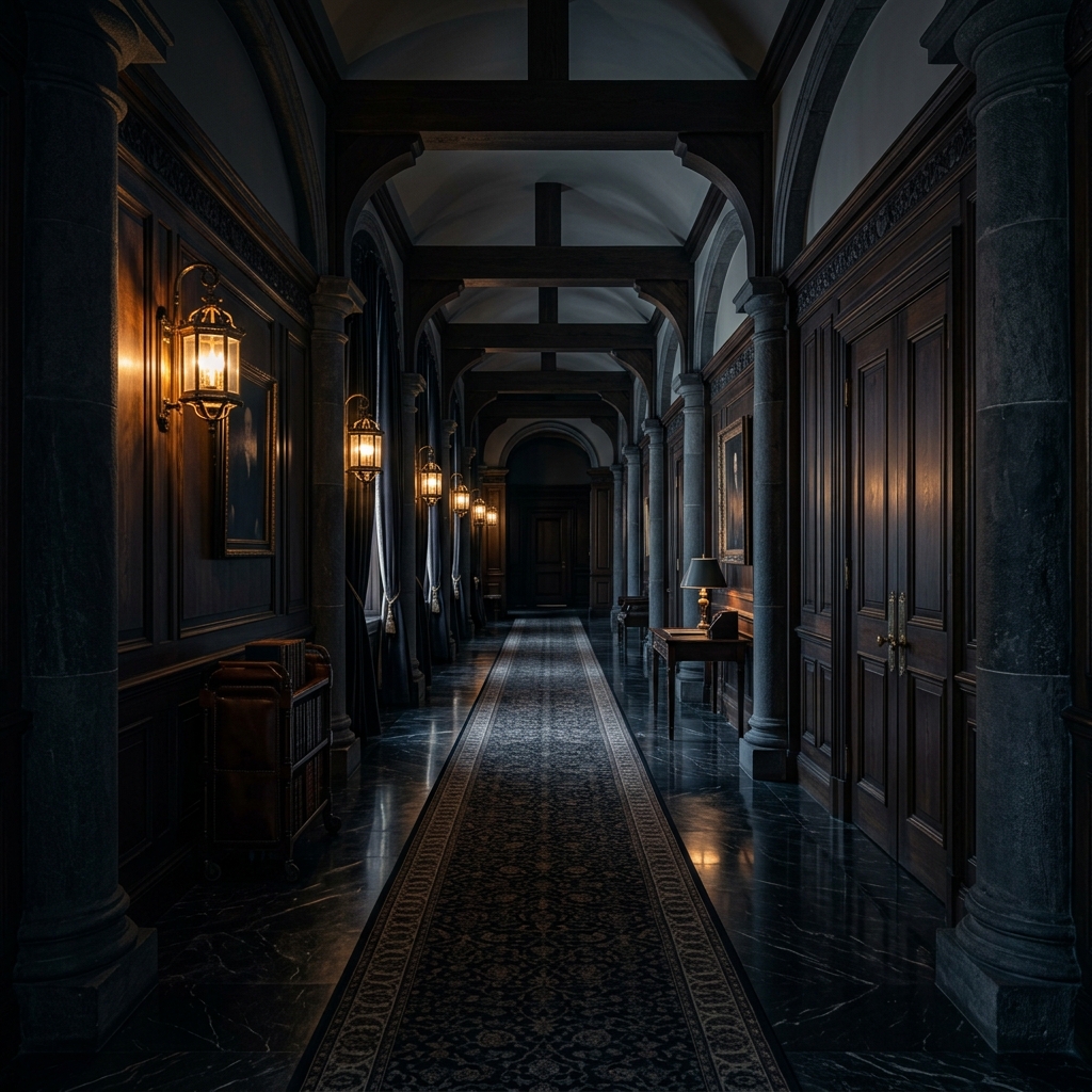 The interior of a private institution — stone columns, warm lamplight